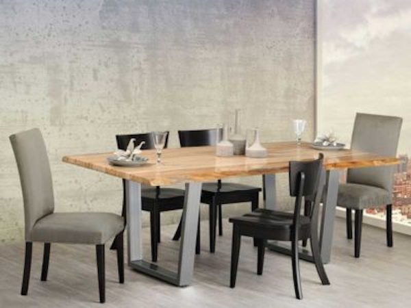 The Canal Dover Bordeaux table set is a modern collection that features a rustic table atop a steel base.